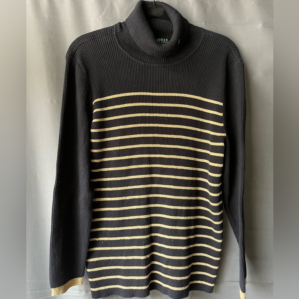 Lauren RL black turtleneck with gold stripes